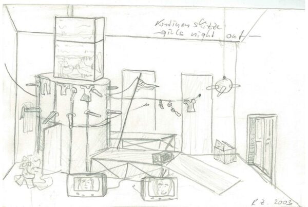 85_Ronald Zechner_Kantinen-Skizze, Girls night_Bleistift-Zeichnung auf Papier_15x21_2003 (WEB)
