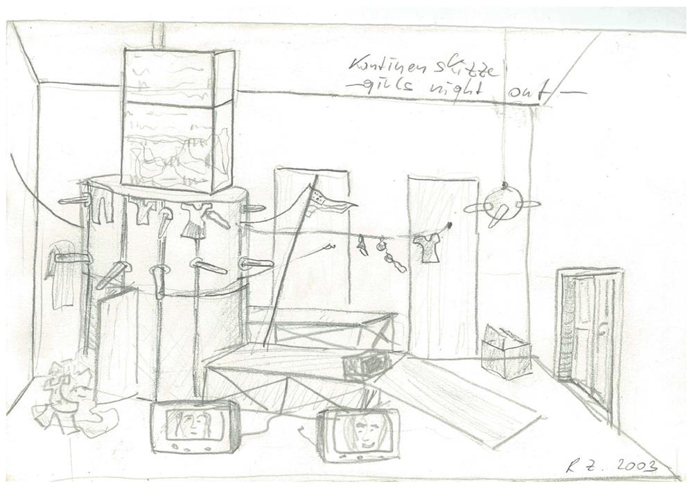 85_Ronald Zechner_Kantinen-Skizze, Girls night_Bleistift-Zeichnung auf Papier_15x21_2003 (WEB)